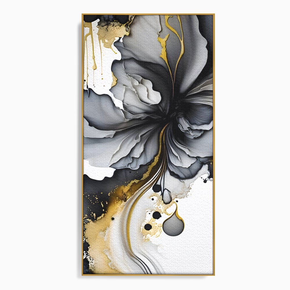 Tablou canvas cu tablou abstract cu floare neagra si accente aurii, in rama de aluminiu auriu